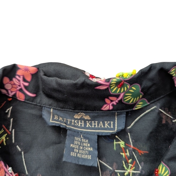British Khaki Silk/ Linen Black Floral Beaded Snap Front Old Money Shirt Sz L - Picture 2 of 12